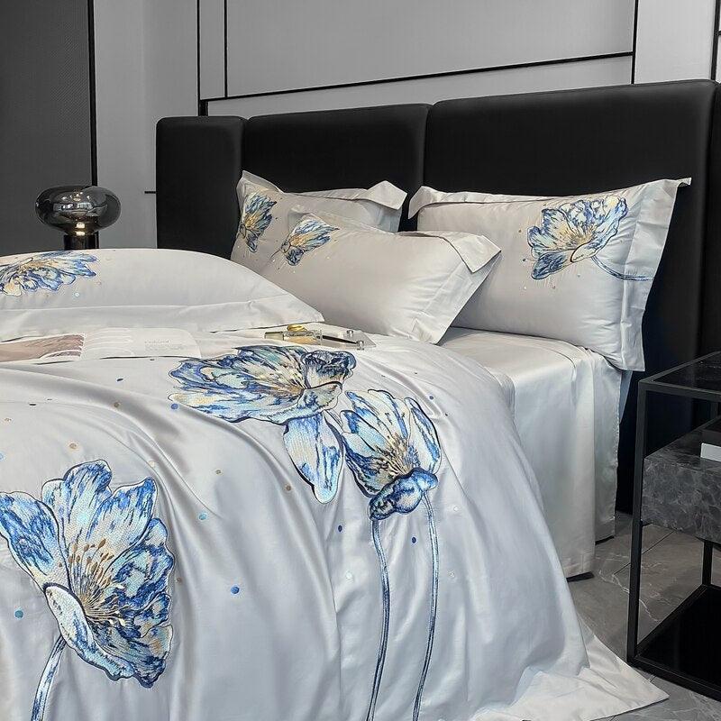 Conjunto de Roupas de Cama Flor de Lótus em 100% Algodão Egípcio 4 Peças